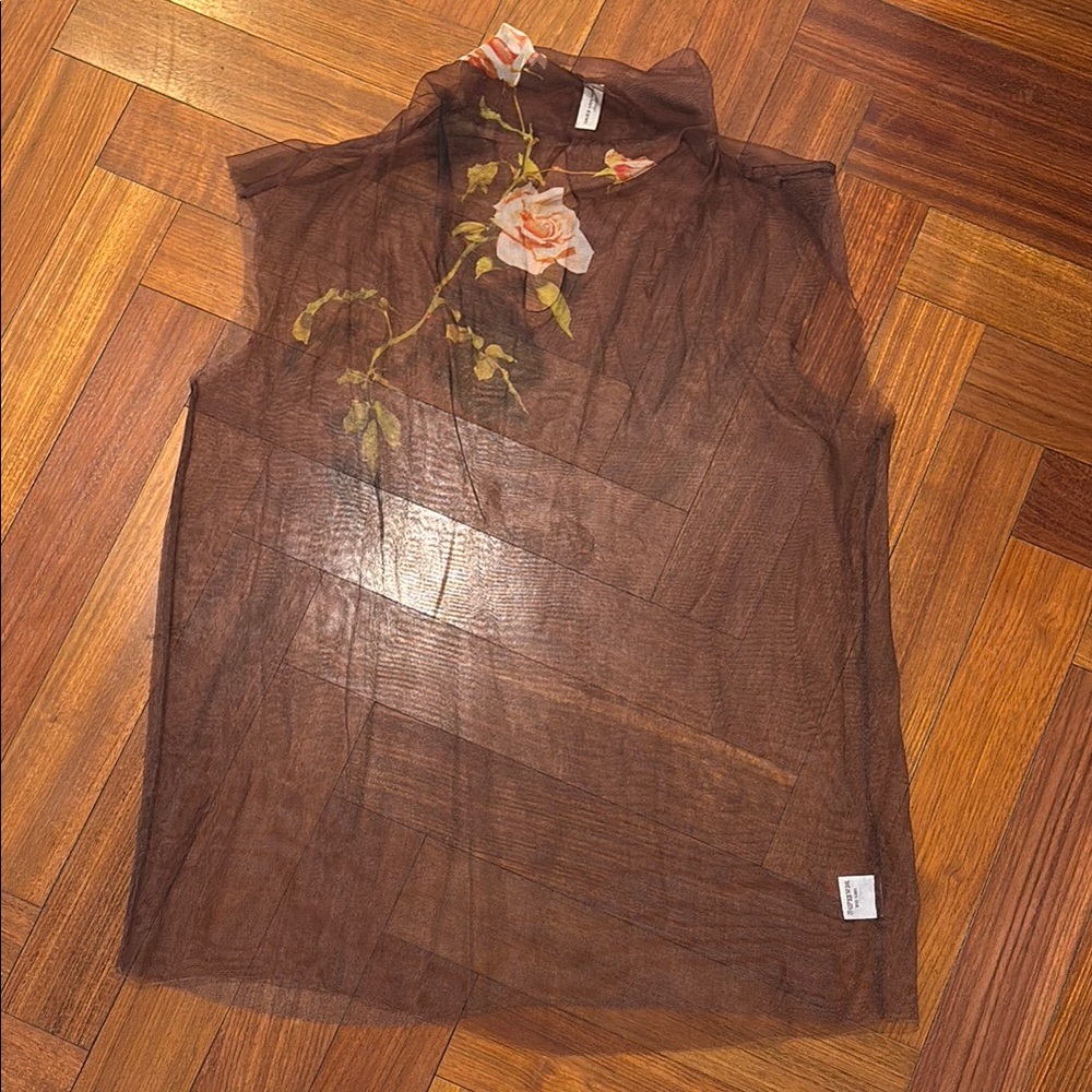 Dries Van Noten Brown Sheer Silk Sleeveless Top with Floral Screen Sz 38